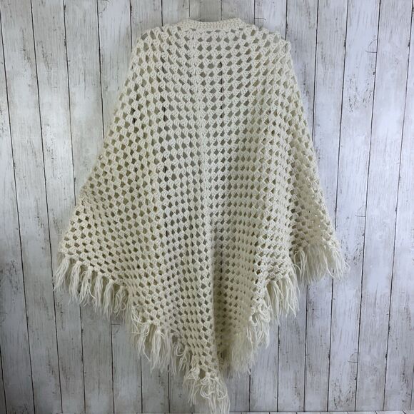 Vtg Crochet Shawl Scarf Wrap Cream Fringe Boho Festival Romantic Handmade - Picture 6 of 6